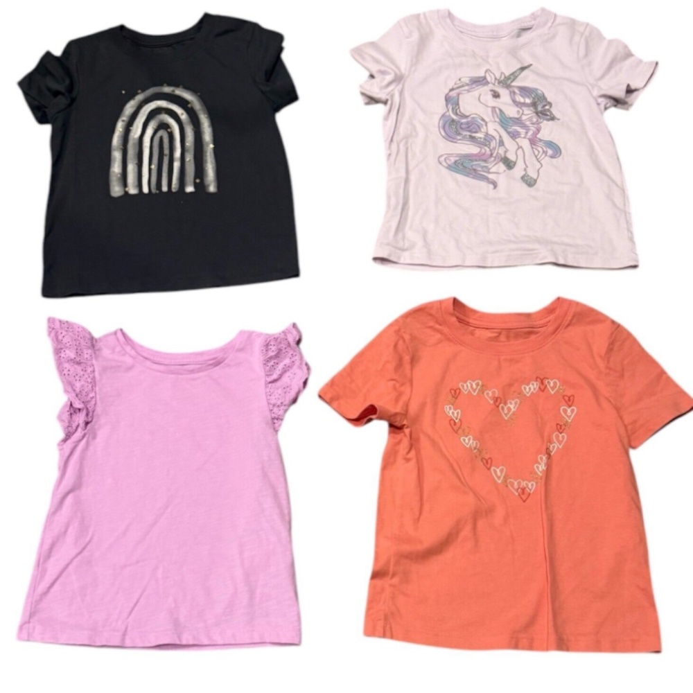 Lot of 4 Cat&Jack 5T Girls T-Shirts EUC Unicorn Rainbow Hearts Pink Orange